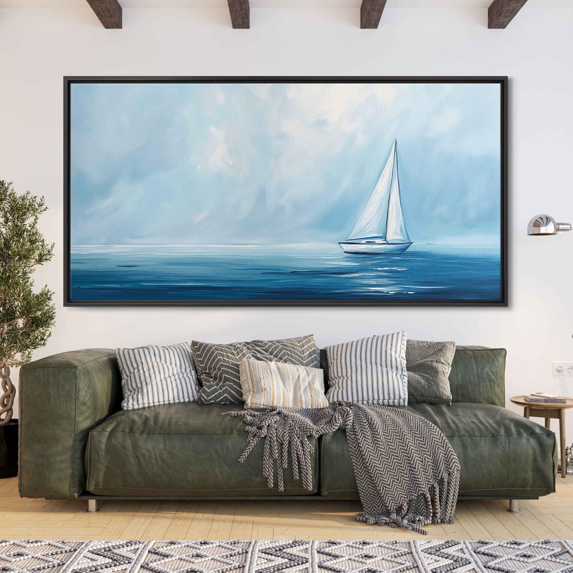 Small Sailboat On Calm Blue Sea Under Dramatic Cloudy Sky Poster