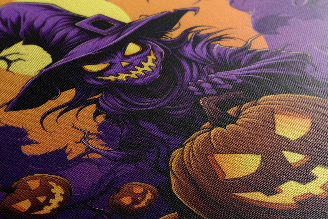 Scary Witch Jack O Lanterns Orange Moon Haunted Night Wall Art - Image 2