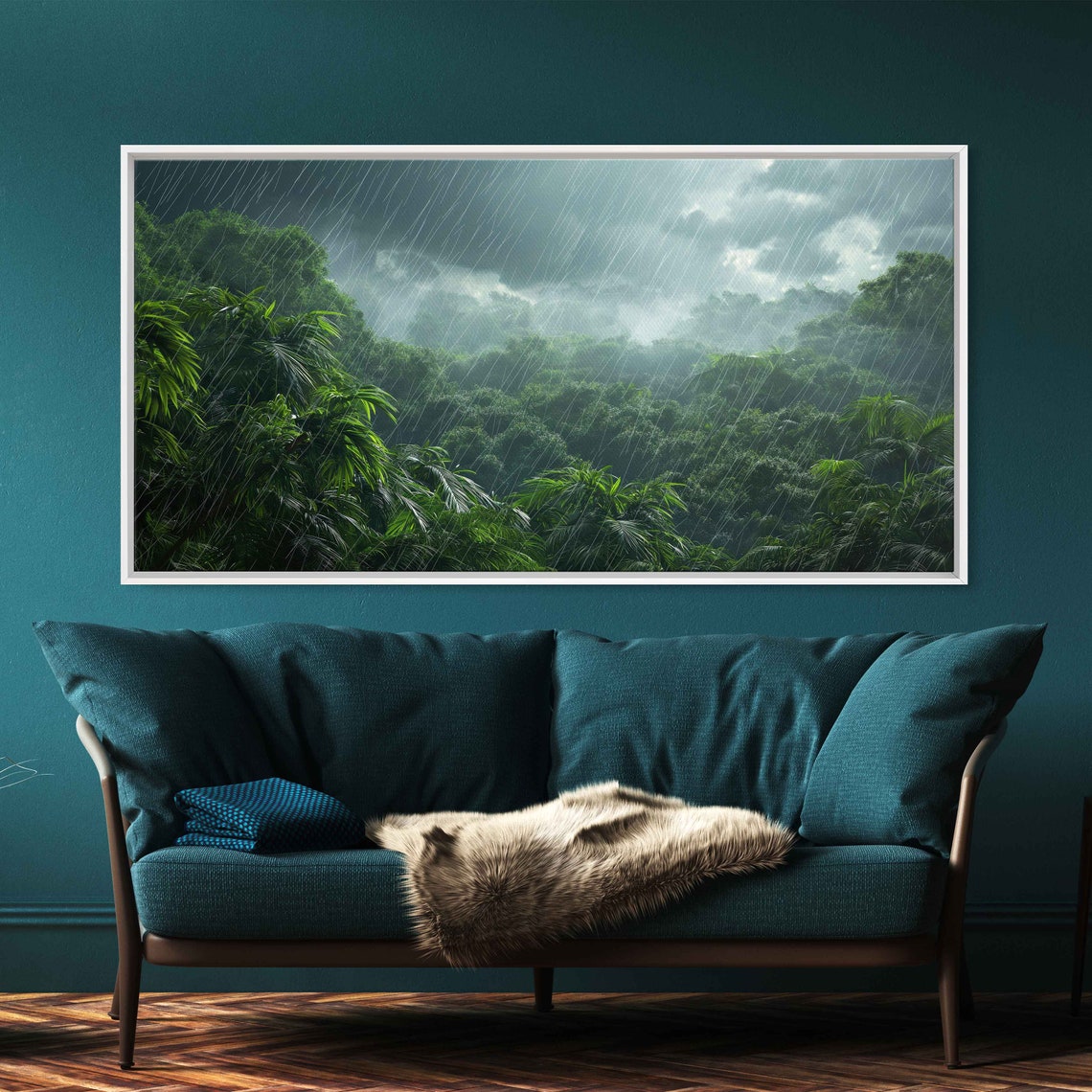Heavy Rainfall Over Rainforest Wall Art Print Lush Jungle Landscape Monsoon Season Tropical Climate Dark Skies Ready To Hang - Image 2