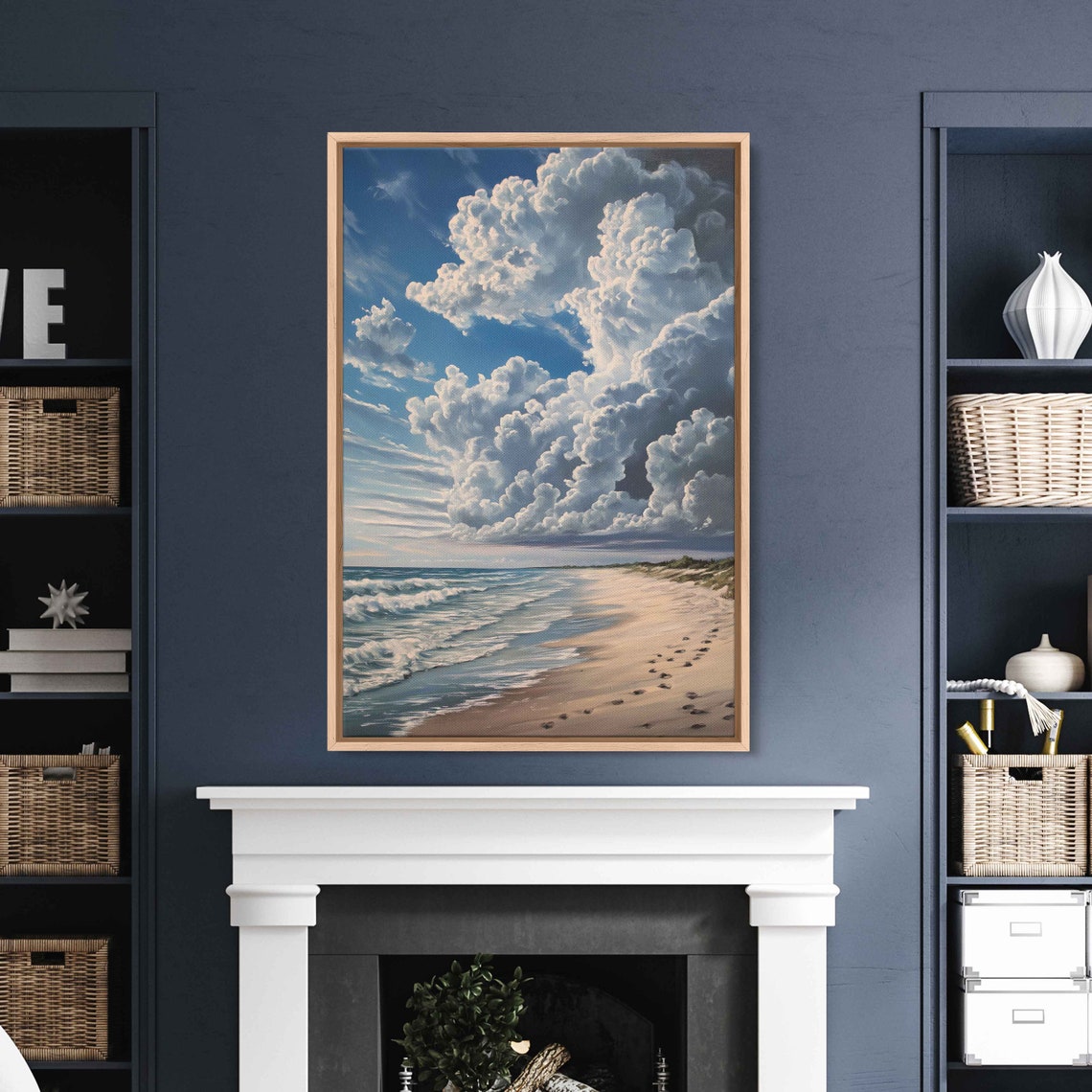 Towering Cumulus Clouds Beach Shore Sandy Footprints Ocean Art Poster - Image 3