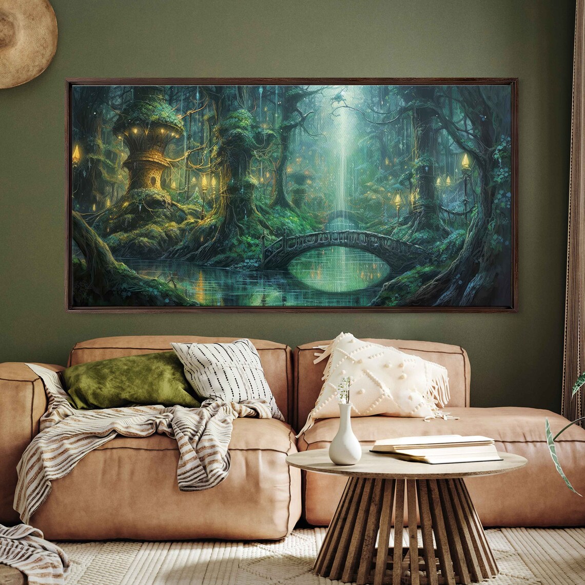 Enchanted Lantern-Lit Forest Village, Fantasy Art Print
