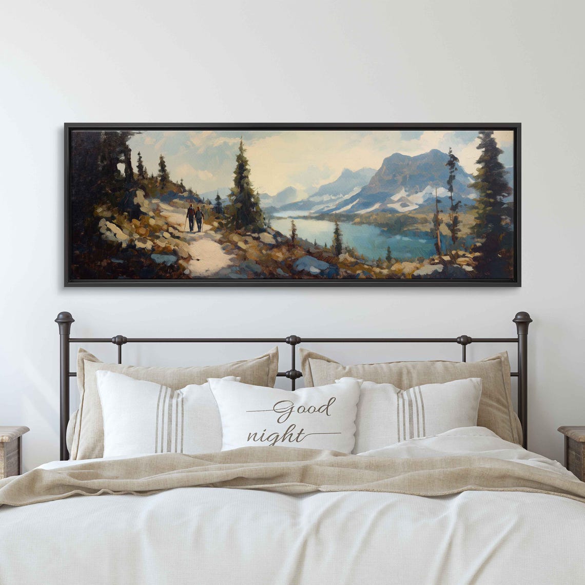 Campers Navigating Rocky Trail Wall Art Print Stunning Lake View Nature Adventure