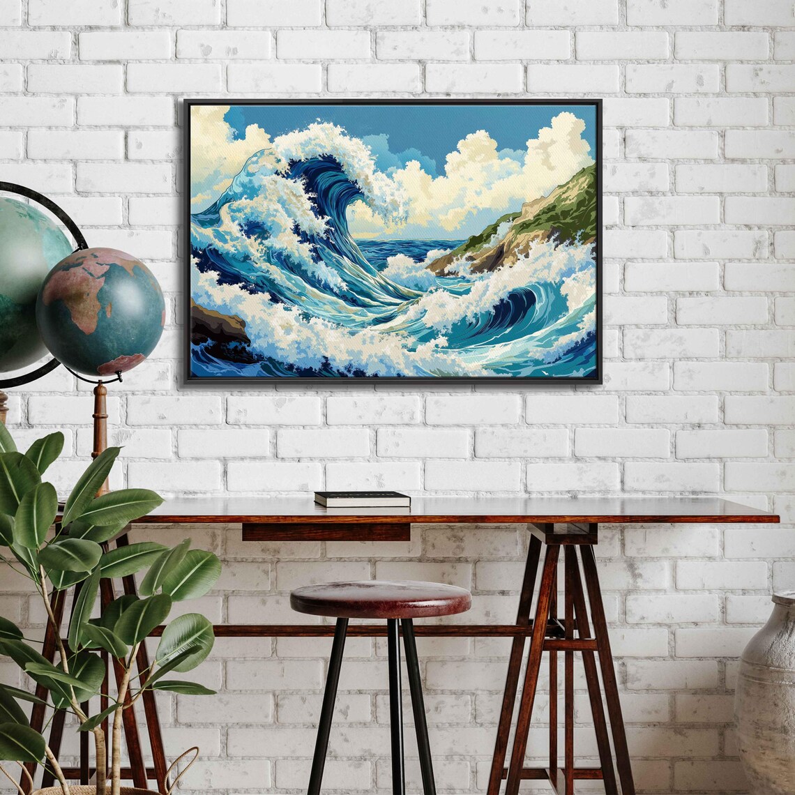 Great Wave Inspired Colossal Ocean Wave Rocky Cliffs Ukiyo E Art Poster