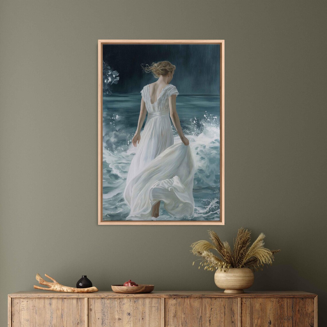 Goddess Aphrodite In White Gown Walking Into Moonlit Ocean Waves Art Poster