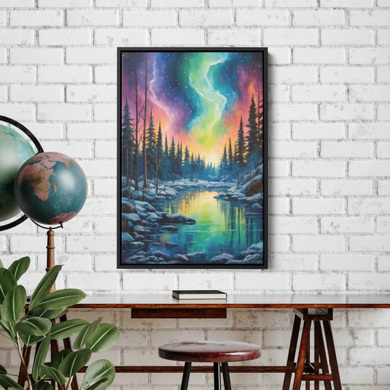 Aurora Borealis Alaska Landscape Acrylic Painting Framed Print Ready To Hang Modern Oil Painting Office Decor Colorful Neon Sky