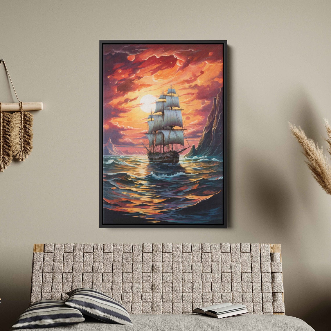 Tall Ship Ocean Sunset Dramatic Cliffs Impressionist Painting Poster - Image 2