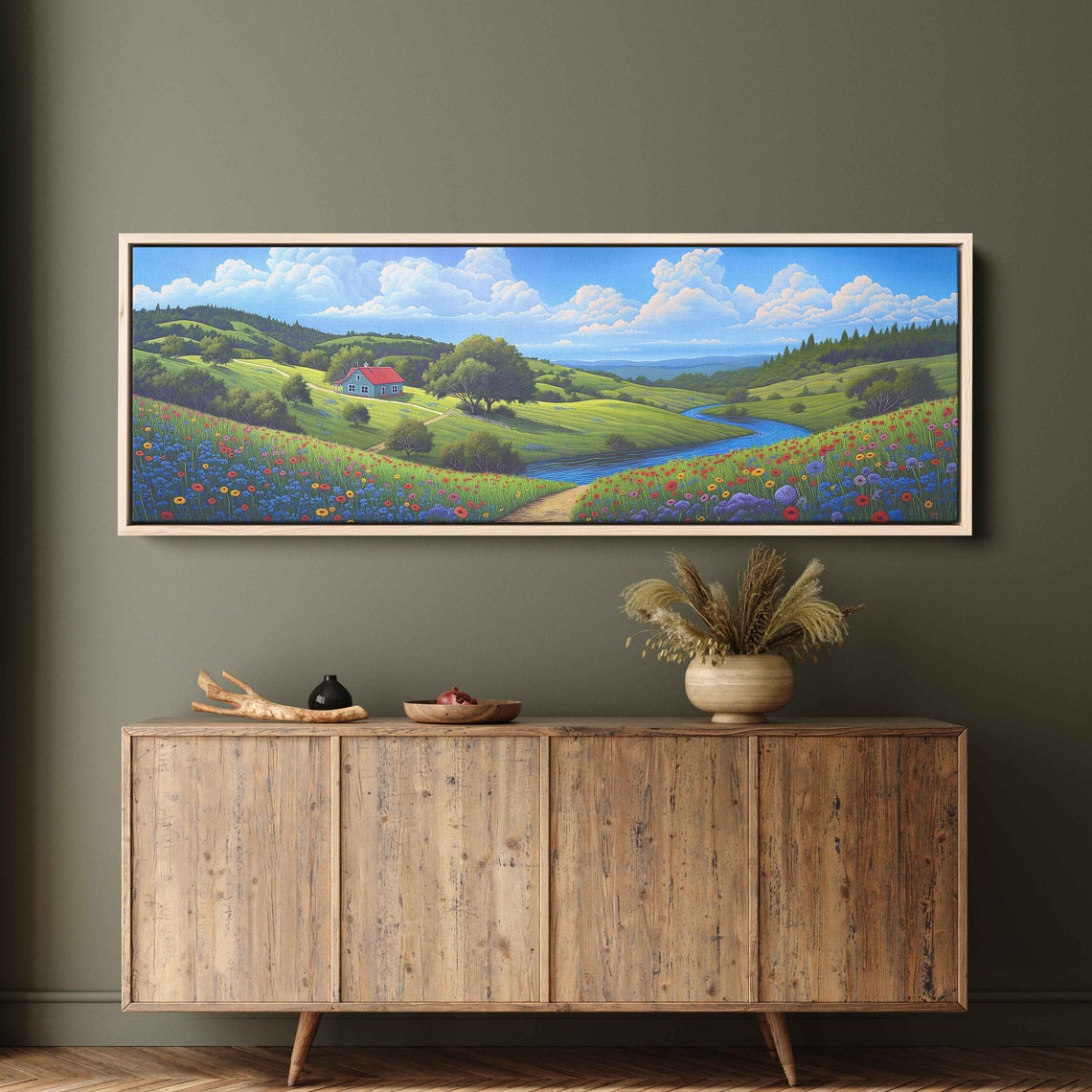 Cozy Cottage In Wildflower Meadow River Valley Panoramic Art Print