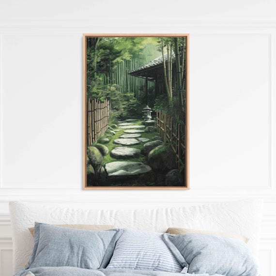 Traditional Japanese Zen Garden Wall Art Print Bamboo Fences Stone Path Calm Nature Scene