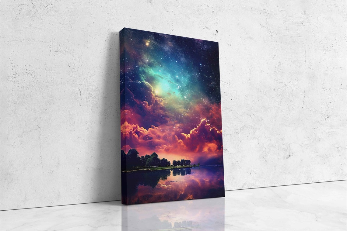 Starry Night Sky Lake Mirror Reflection Galaxy Cloud Art Poster - Image 4