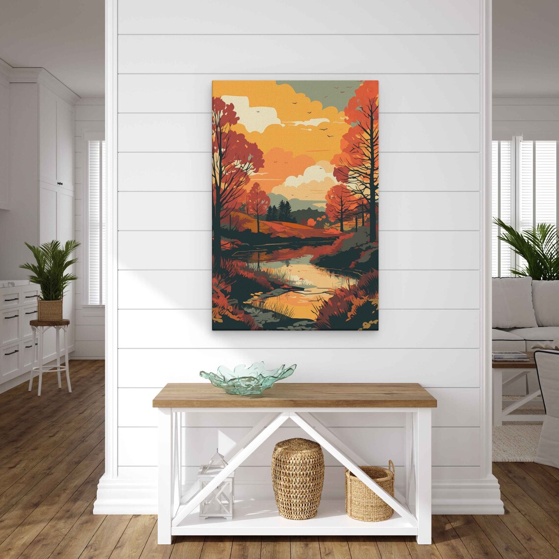 Autumn Sunset Pond Reflection Pop Art Landscape Painting Poster - Image 2