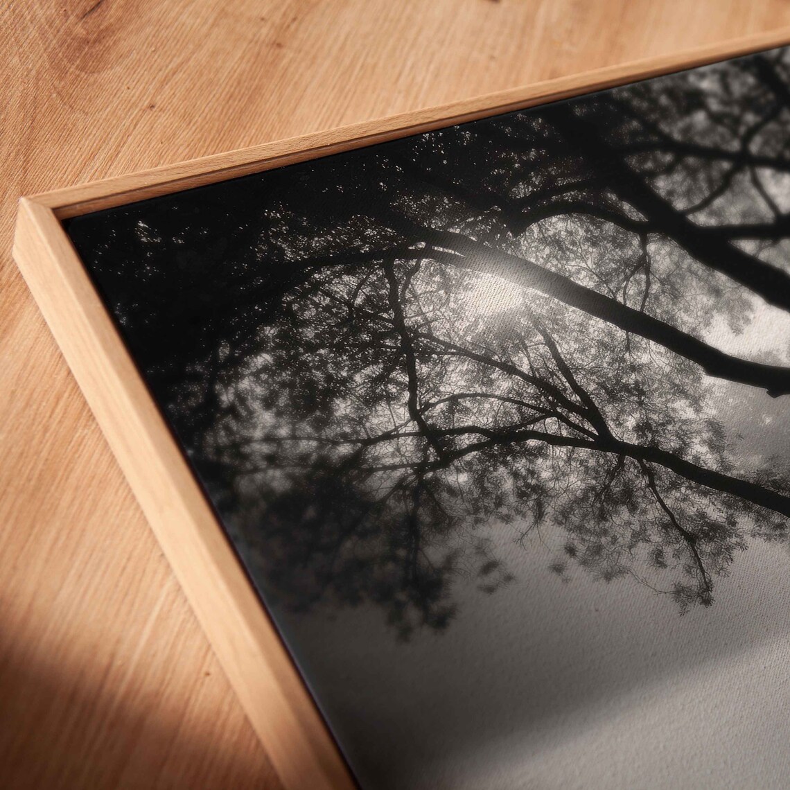 Tree Overhanging Lake Edge With Sun Shining Through Branches Wall Art Print Reflection Off Water Ready To Hang - Image 2