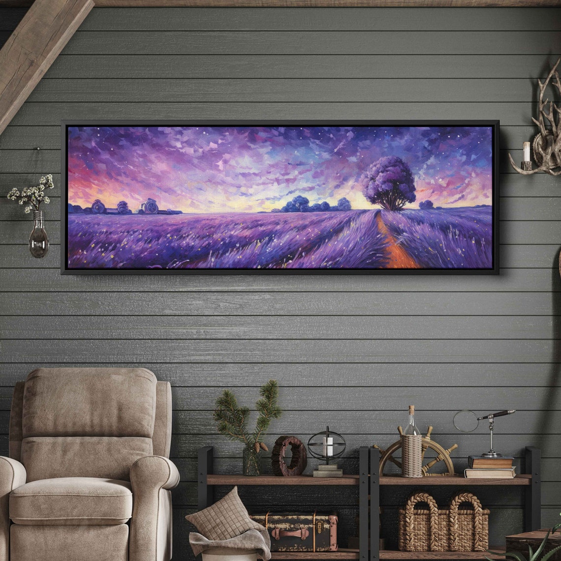 Panoramic Lavender Field Colorful Starry Night Sky Painting Print Ready To Hang - Image 2