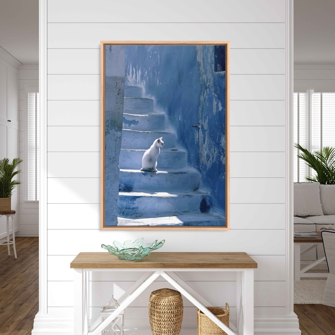 White Cat Resting On Blue Washed Stone Steps Shadow Cool Tones Pet Poster