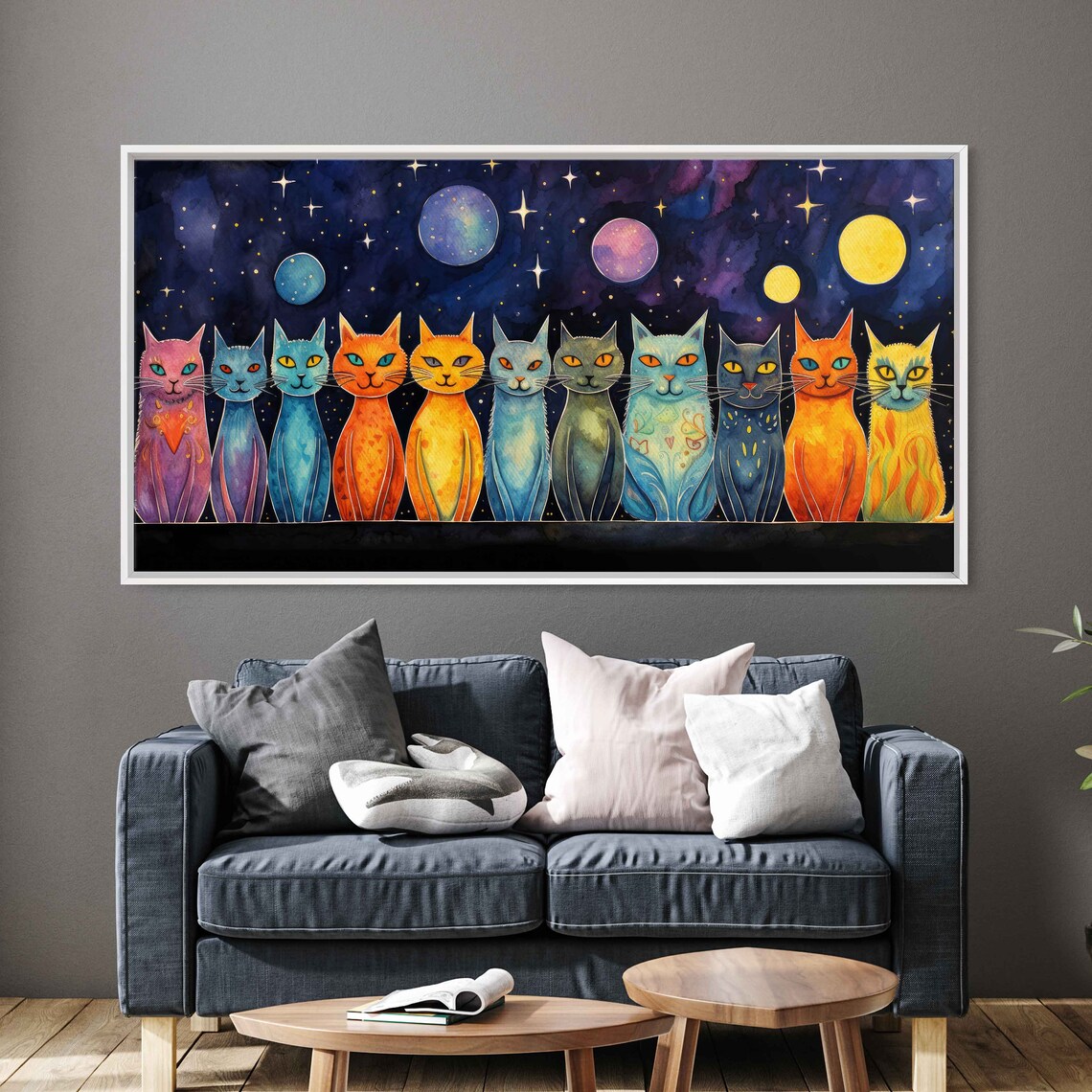 Celestial Cats Watercolor Stars and Moons Art Print
