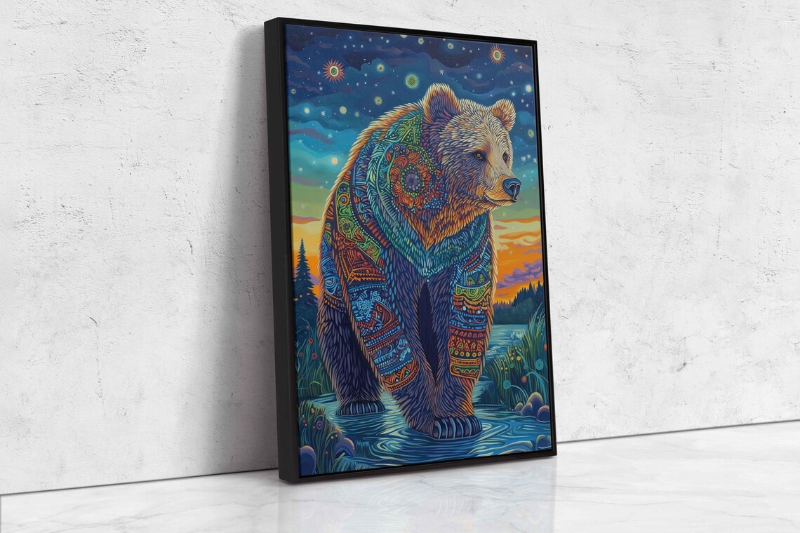 Grizzly Bear Tribal Pattern Art Starry Night Vivid Colors Ornate Wildlife Acrylic Poster - Image 4
