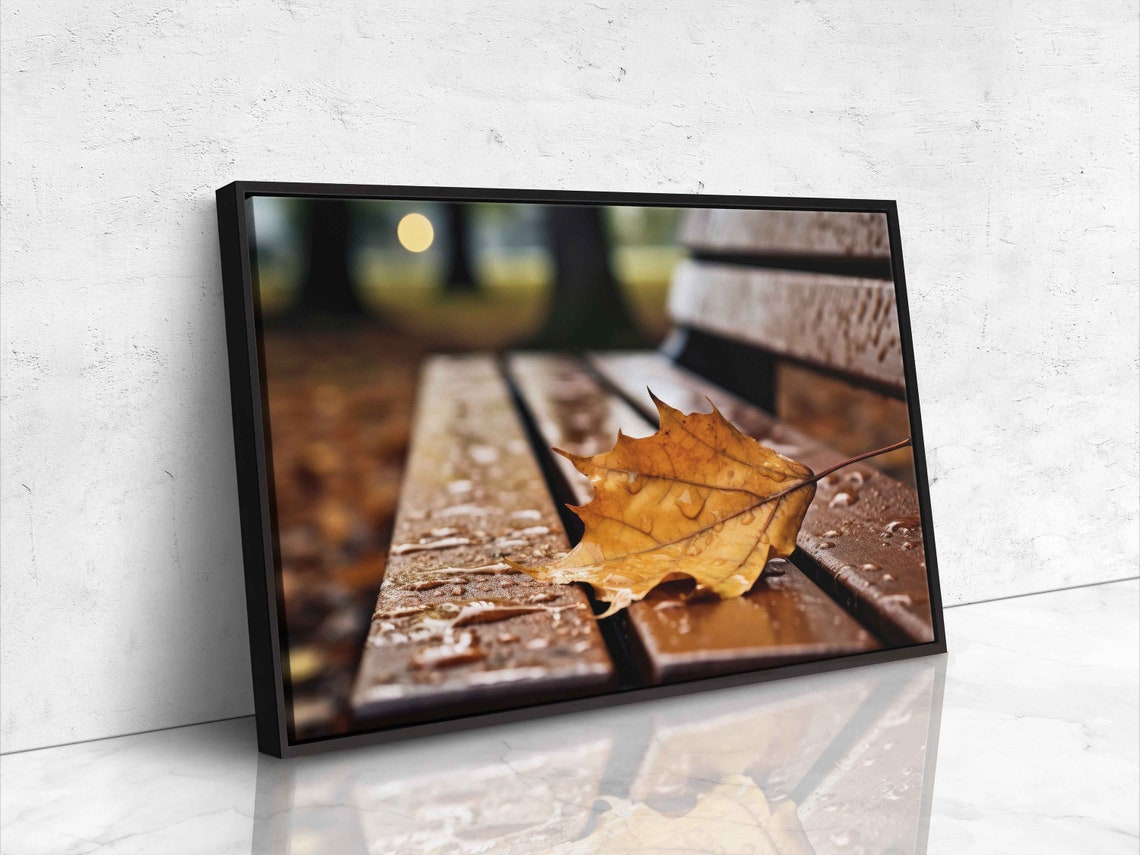 Autumn Leaf With Rain Droplets On Wooden Bench Rainy Day Art Print - Image 4