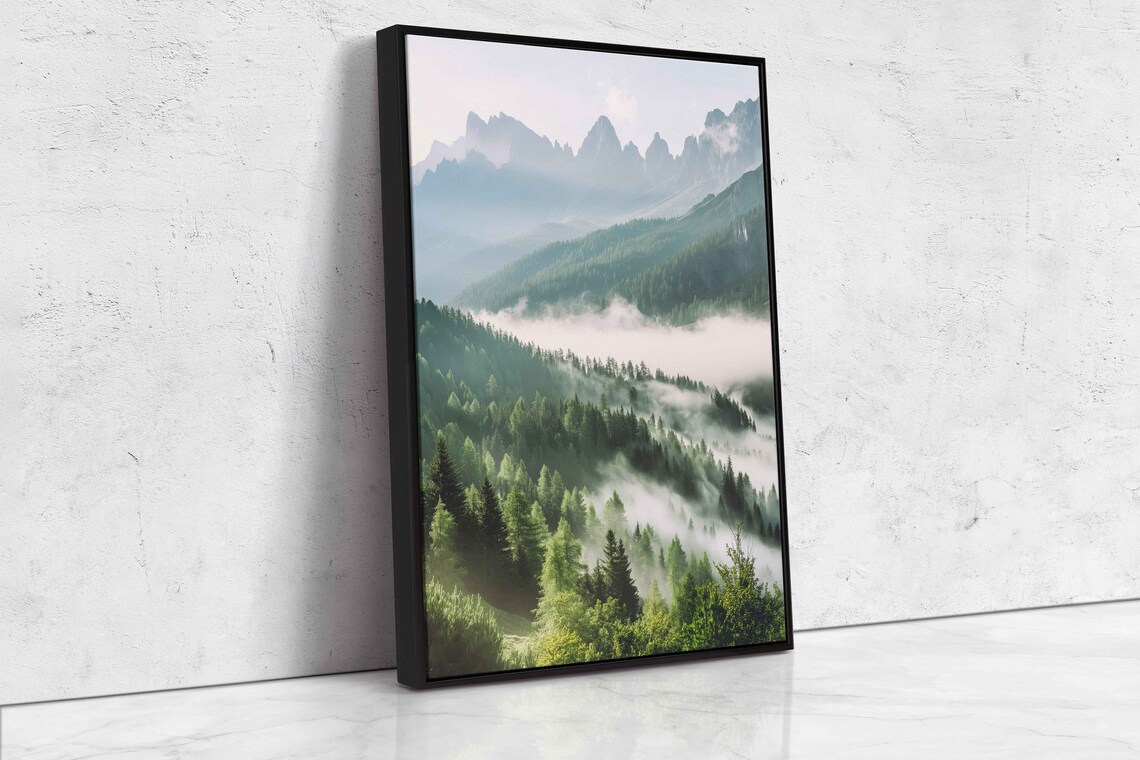 Sunlit Misty Forest Lush Greenery Mountain Ranges Cloudy Skies Wall Art Print Ready To Hang - Image 4
