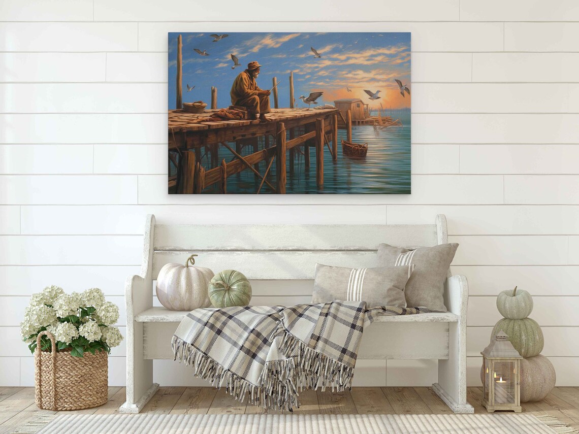 Old Fisherman Sitting on Wooden Dock at Sunset Harbor Art Print - Image 2