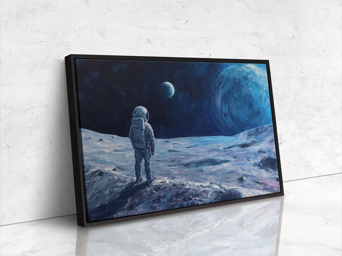 Astronaut Standing Moon Surface Earth Starry Sky Space Painting Print - Image 4