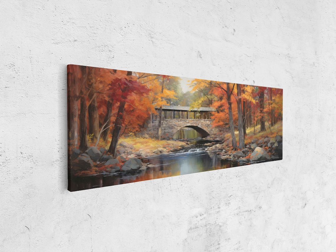 Rustic Covered Wilderness Bridge Panoramic Wall Art Print Forest Stream Fall Tree Colors Ready To Hang - Image 4