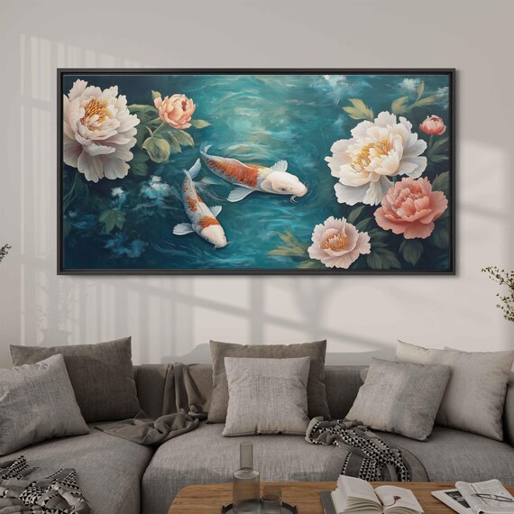 Koi Fish Swimming In A Pond Wall Art Print Peaceful Scene With Peonies Symbolizing Prosperity