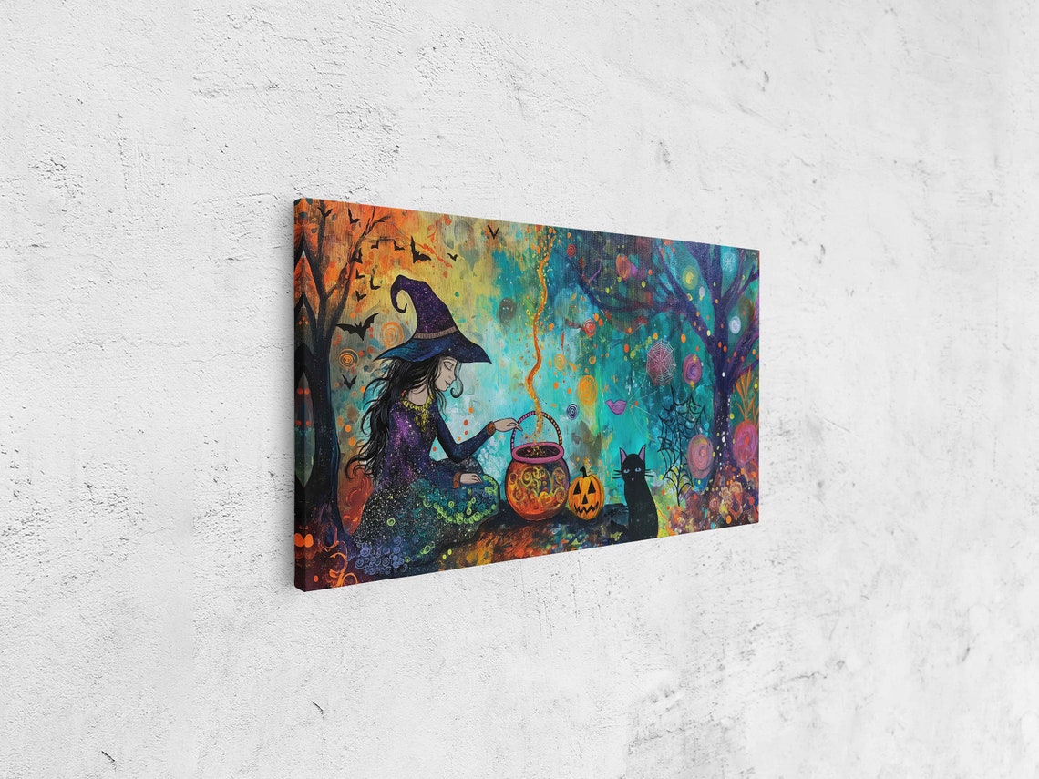 Witch Stirring Magic Cauldron Black Cat Pumpkin Halloween Poster - Image 4