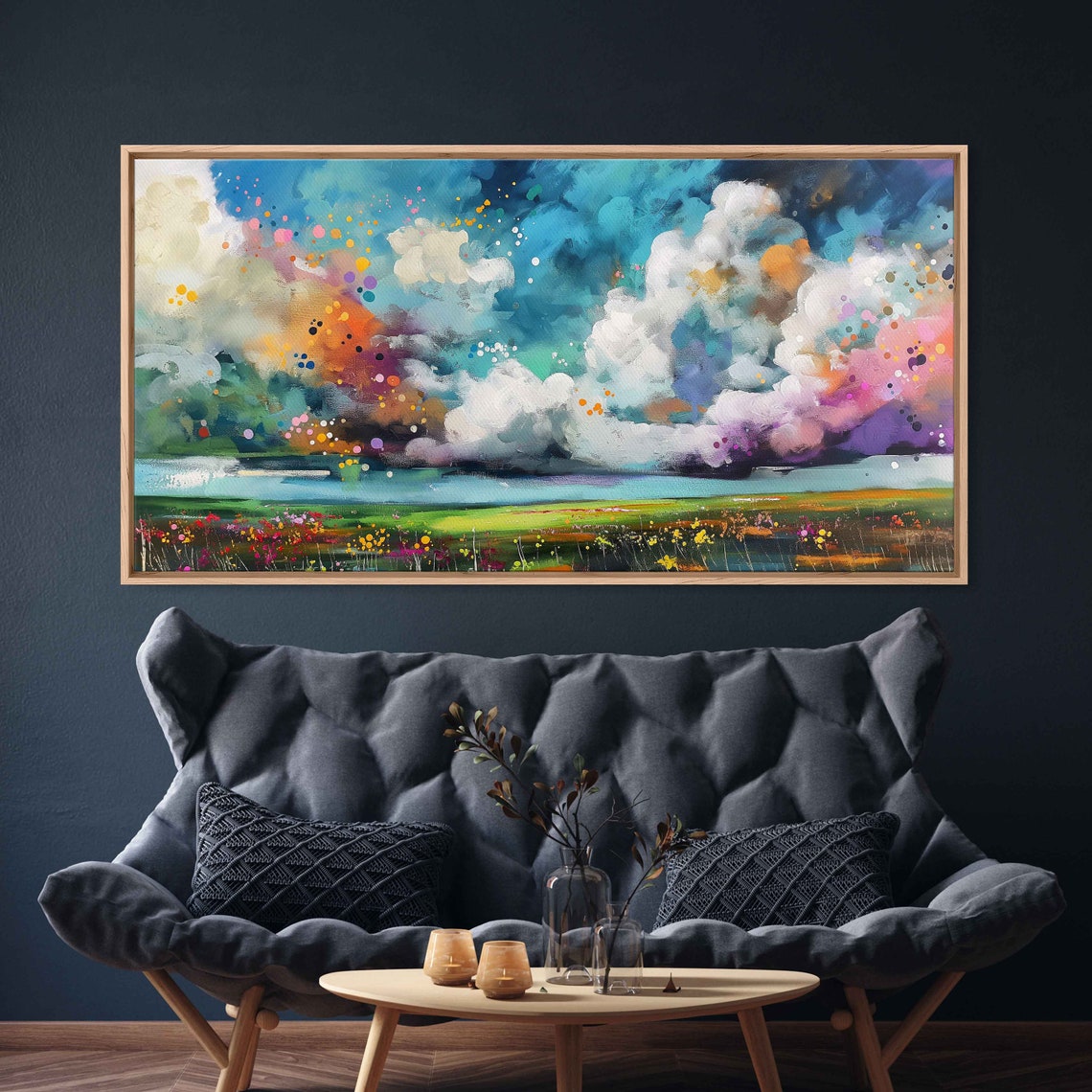 Dreamy Colorful Cloud Landscape Blooming Meadow Panoramic Art Poster