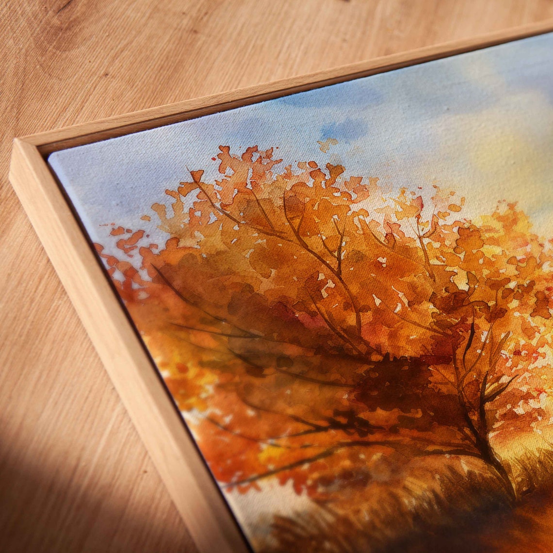 Lone Autumn Tree In Golden Meadow At Sunset Watercolor Art Poster - Image 2