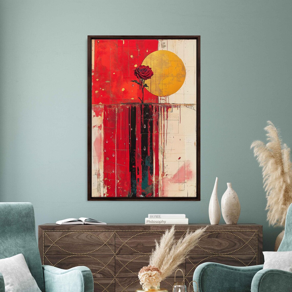 Red Rose Golden Sun Abstract Red Gold Leaf Modern Art Wall Print