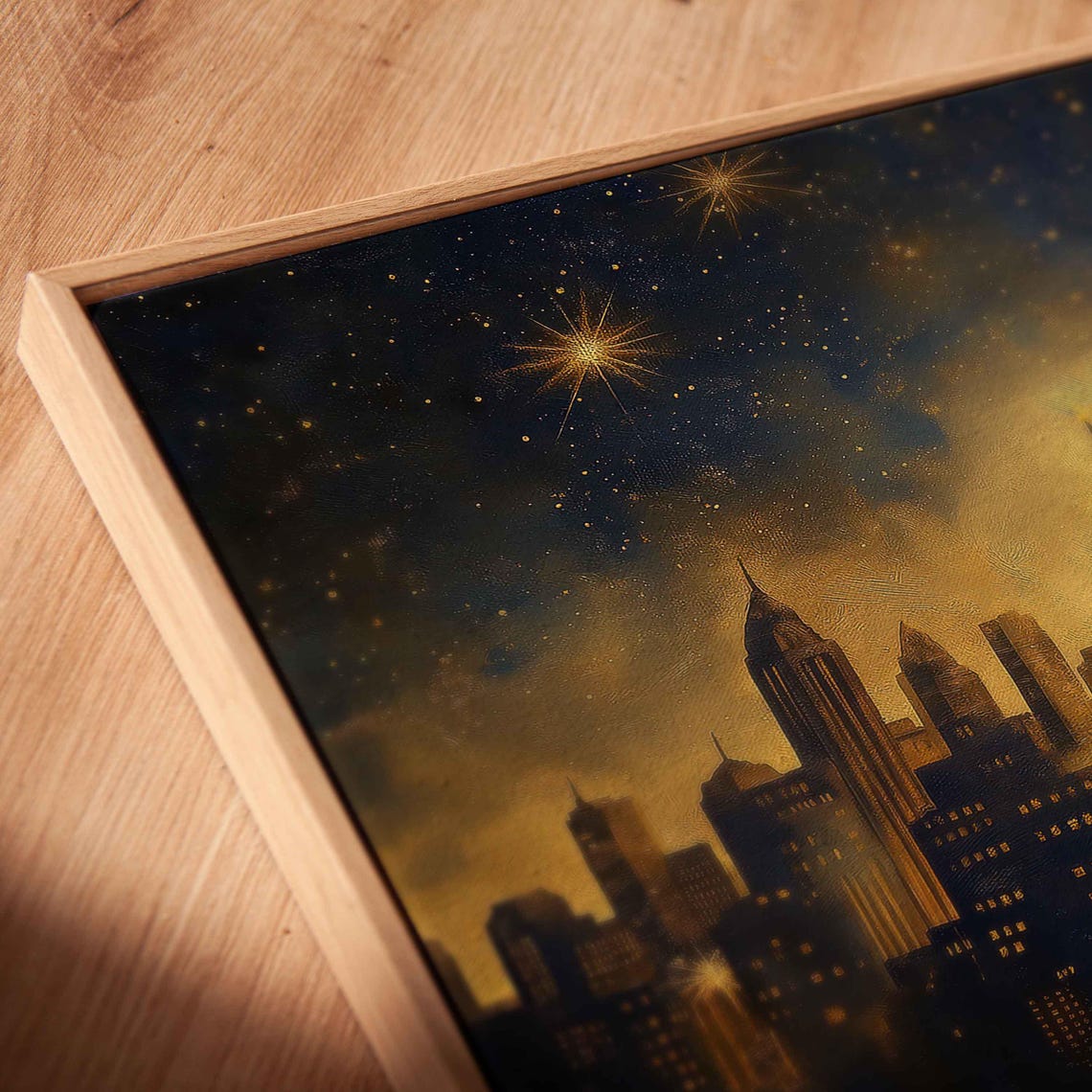 Navy And Gold City Night Skyline With Sparkling Stars Art Poster - Image 2