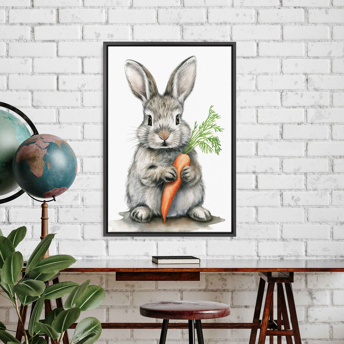 Cute Gray Baby Bunny Holding Carrot Watercolor Art Kids Room Wall Poster - Image 3