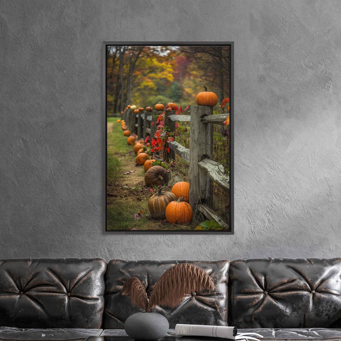 Rustic Wooden Fence Lined With Pumpkins And Red Autumn Vines Photo Poster