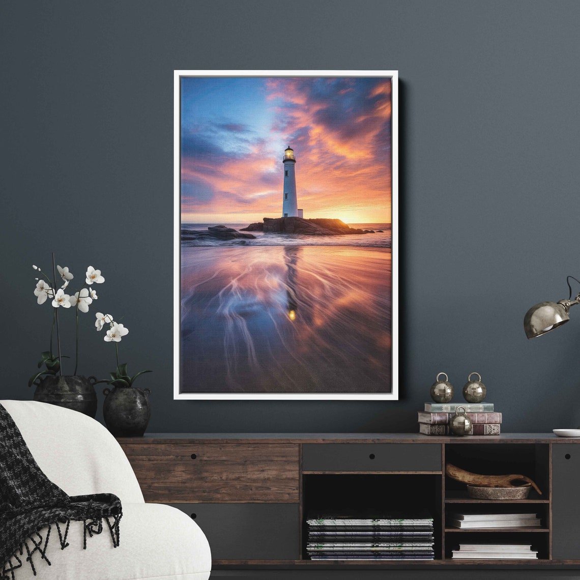 Golden Lighthouse Sunset Ocean Reflection Rocky Coast Poster - Image 2