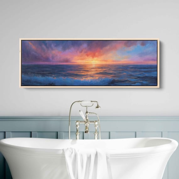 Ocean Sunset Panoramic Purple Pink Sky Waves Seascape Art Poster