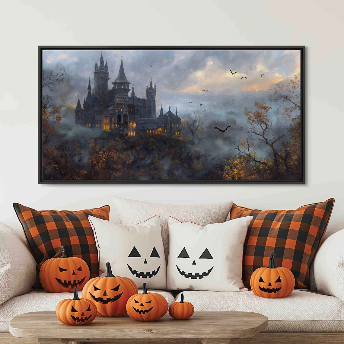 Gothic Castle On Hill With Twisted Trees Bats In Foggy Autumn Night Wall Art - Image 3