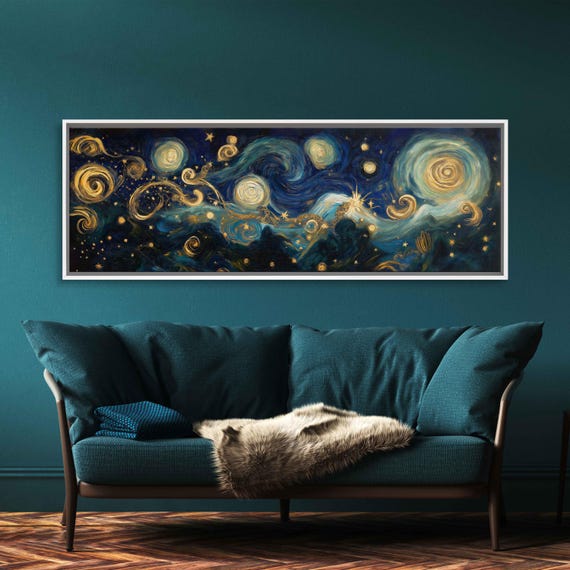 Mystical Night Sky Wall Art Print Swirling Stars Golden Spirals Celestial Figures