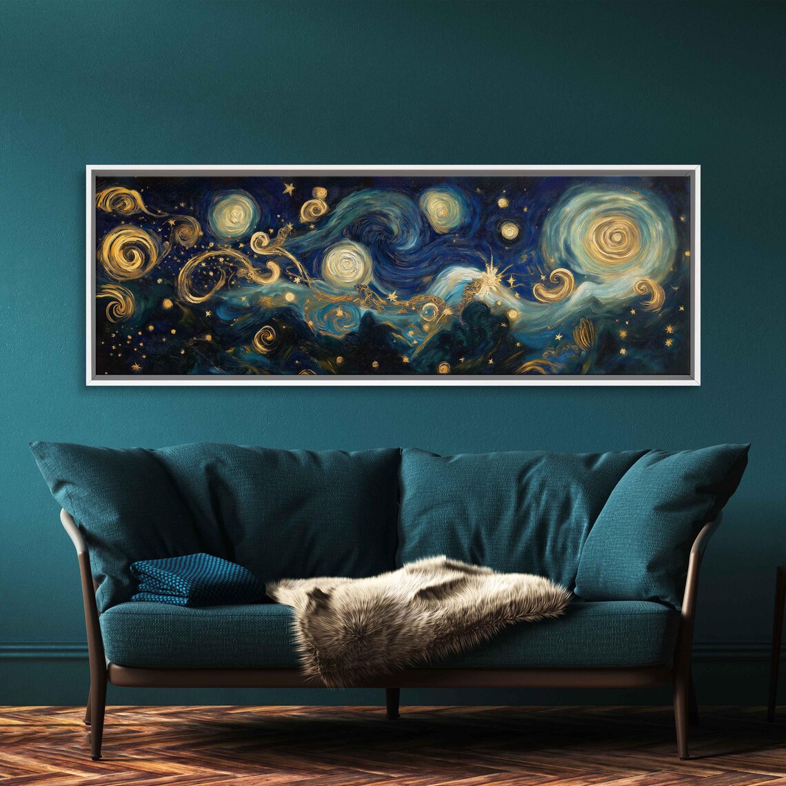 Swirling Starry Night Sky Golden Spirals Celestial Oil Painting Print