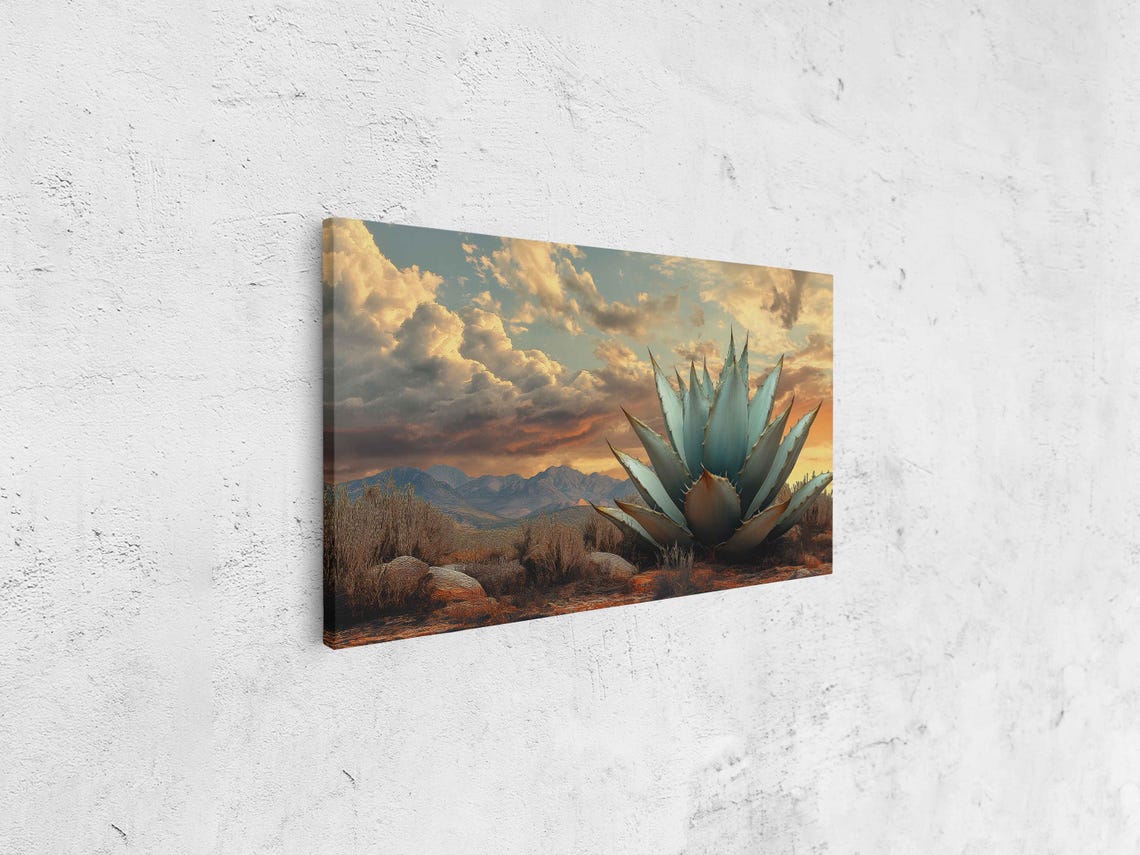 Desert Agave Plant At Sunset With Mountain Range Golden Sky Poster - Image 4