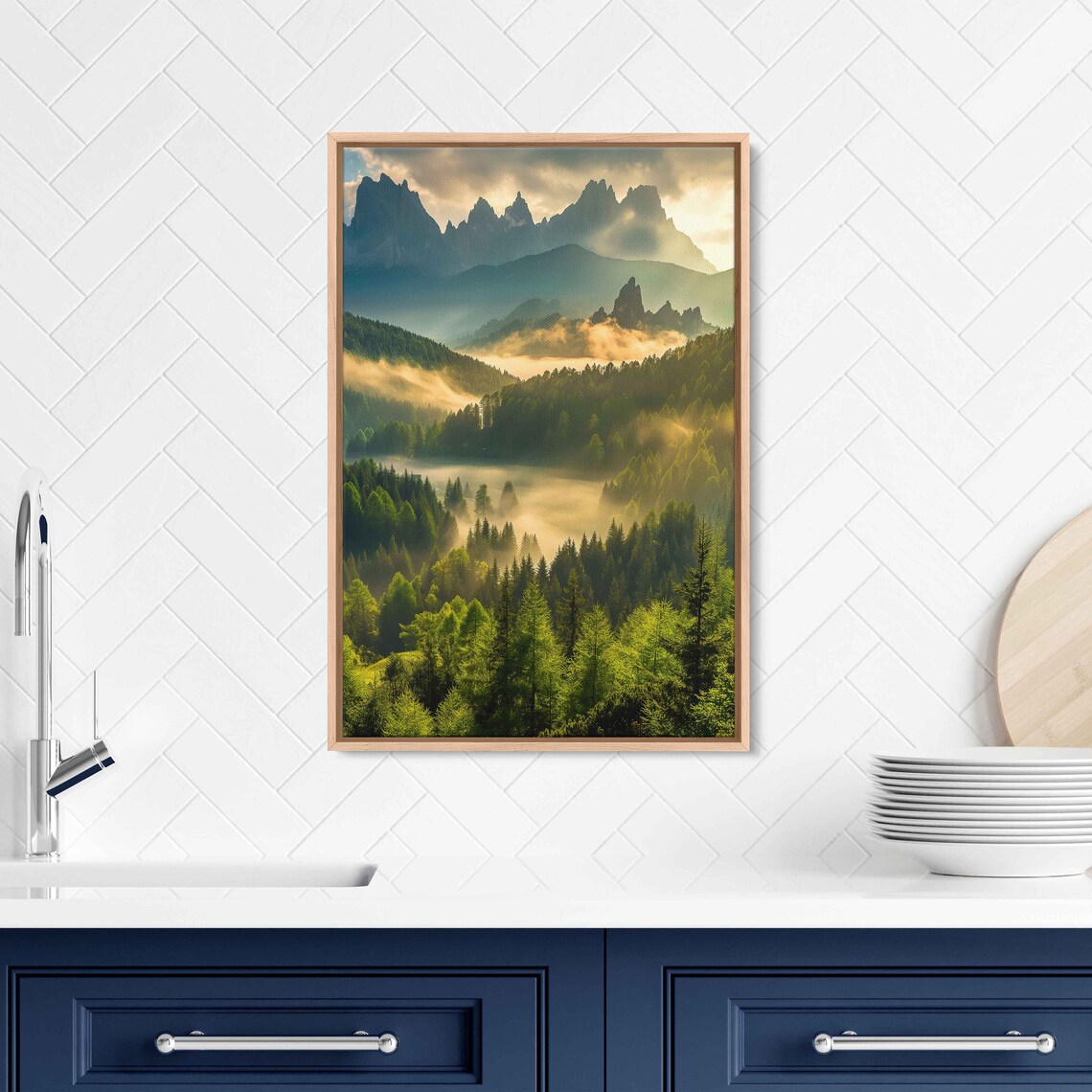Sunlit Misty Forest Lush Greenery Mountain Ranges Cloudy Skies Wall Art Print Ready To Hang - Image 3
