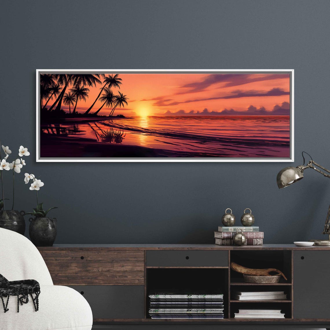 Palm Trees Silhouette Fiery Orange Sunset Ocean Beach Travel Poster