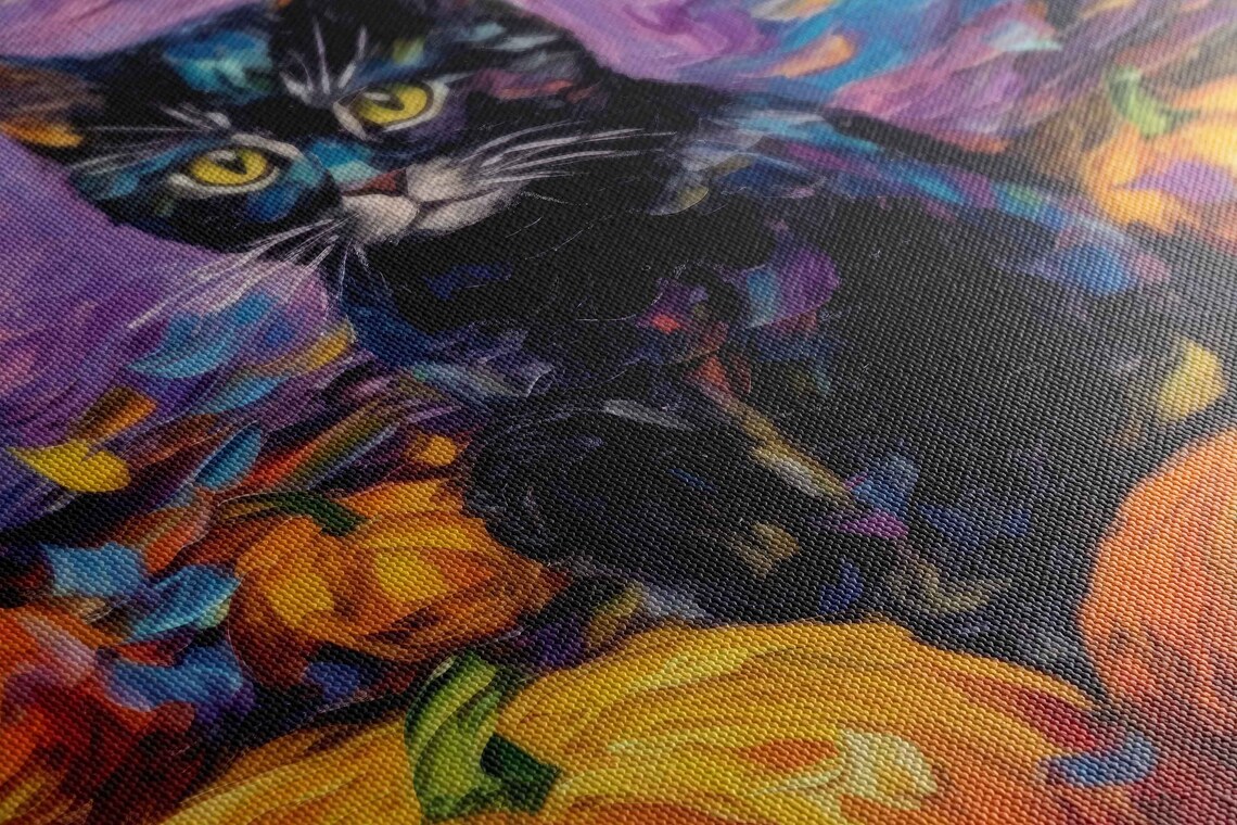 Black Cat Autumn Pumpkins Impressionist Brushwork Whimsical Halloween Art Print - Image 2