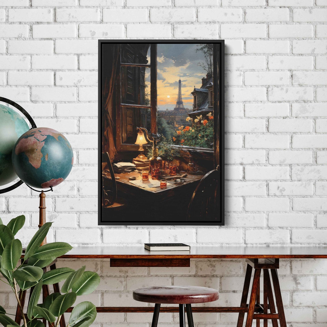 Eiffel Tower View Through Window Paris Sunset Cozy Desk Flowers Poster - Image 2