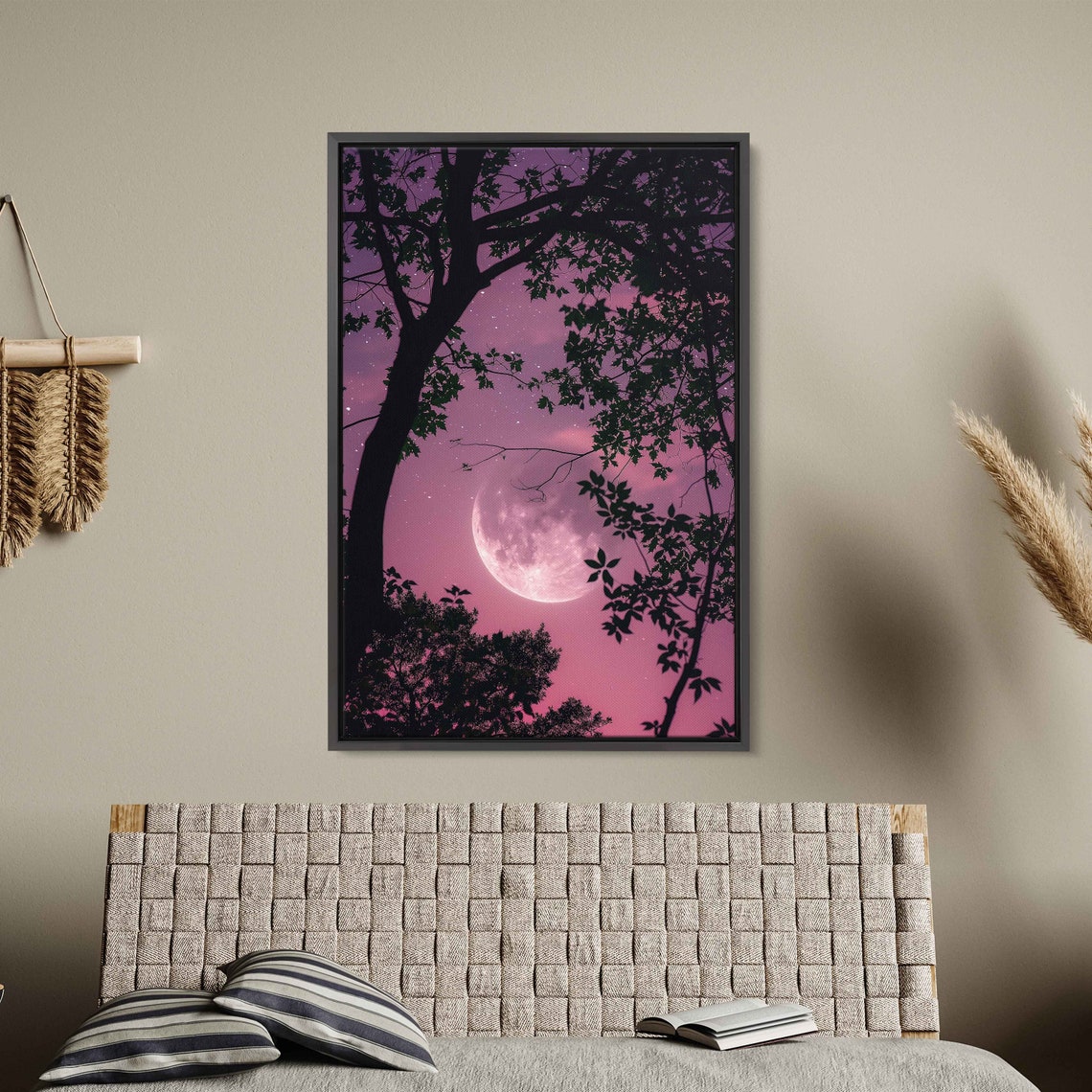 Crescent Moon Shown Through Tree Branches Wall Art Print Vibrant Pink Sky Nature Painting Ready To Hang