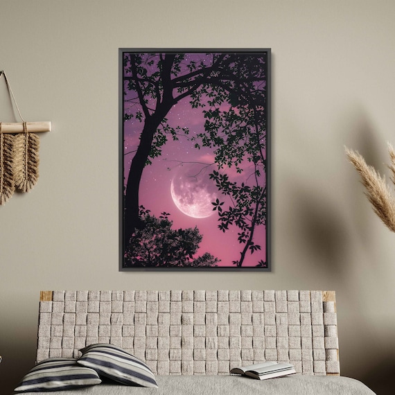 Pink Moon Through Tree Branches Starry Night Sky Silhouette Wall Poster