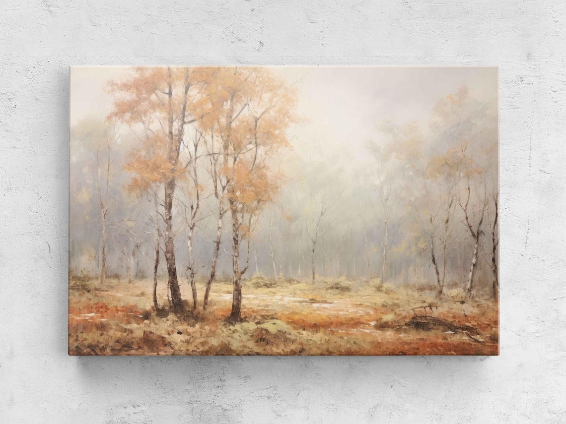 Vintage Foggy Autumn Birch Forest Mist Woodland Travel Poster