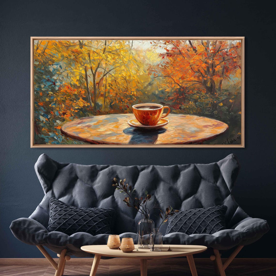 Terracotta Coffee Cup On Table In Golden Autumn Woods Art Print