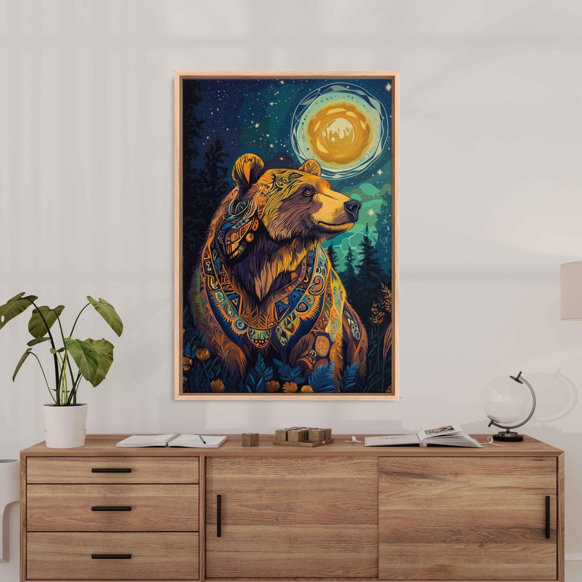 Grizzly Bear With Tribal Patterns Vivid Starry Night Spiritual Poster - Image 3