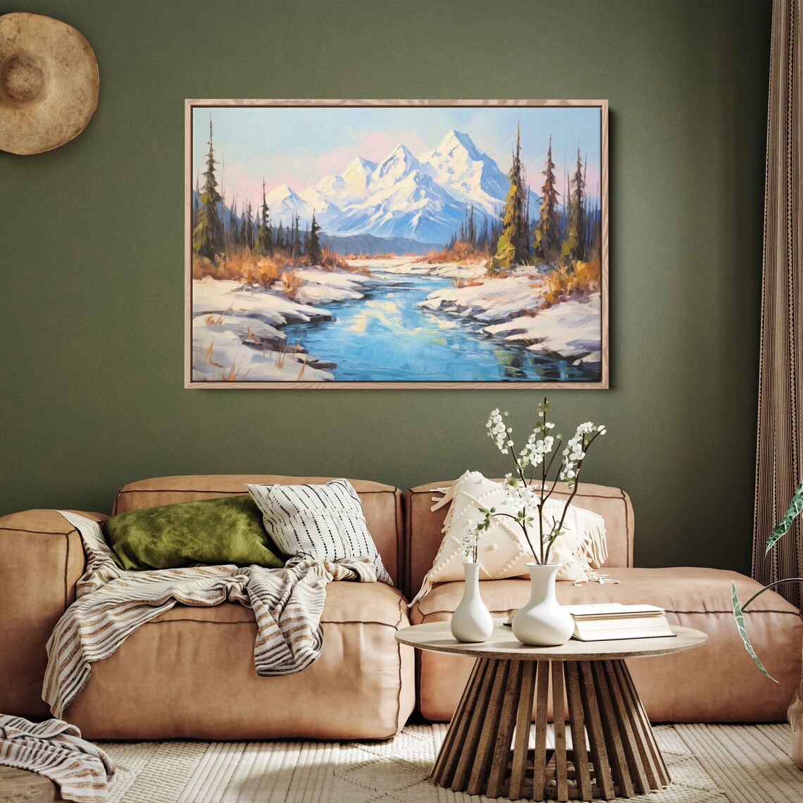 Snowcapped Mountain Range Frozen River Winter Landscape Painting Poster