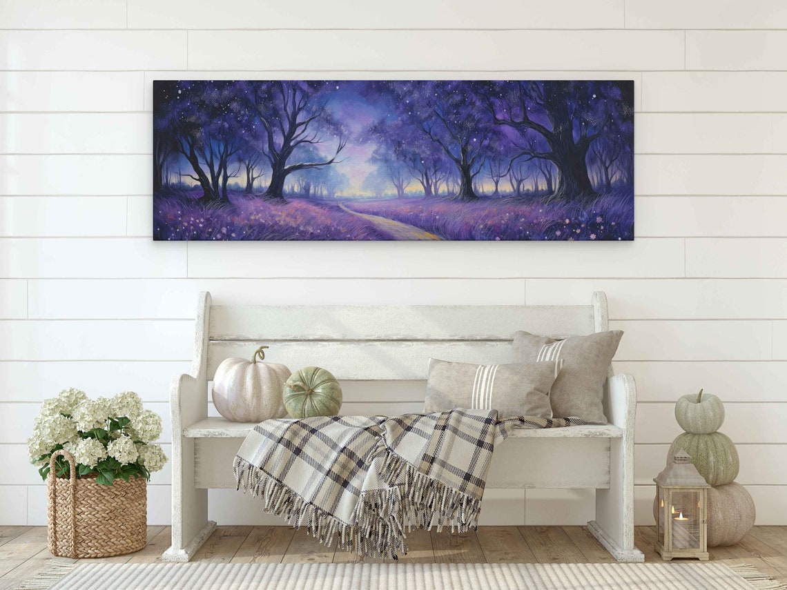 Lavender Meadow Twilight Path Purple Night Forest Panoramic Art Print - Image 2