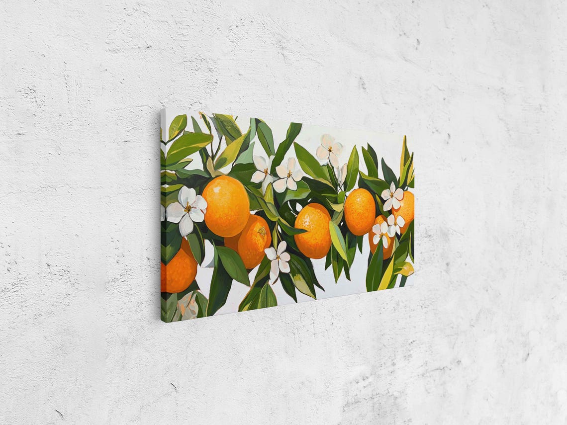 Bright Oranges White Blossoms Painterly Citrus Branch Kitchen Wall Art - Image 4